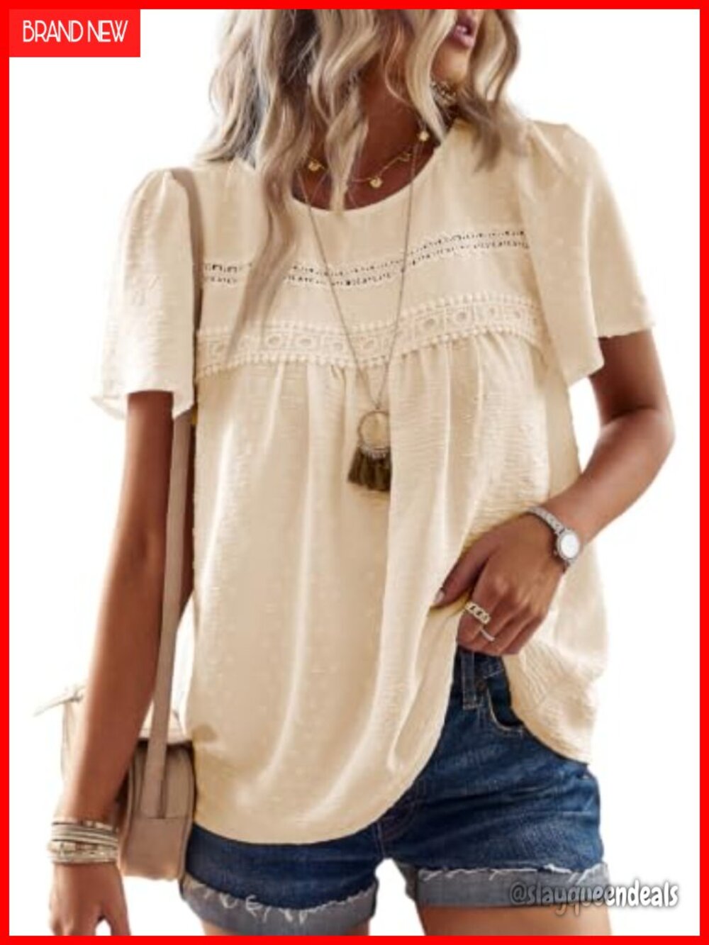 Womens Crochet Lace Boho Tunic Top Short Sleeve Crewneck Blouse